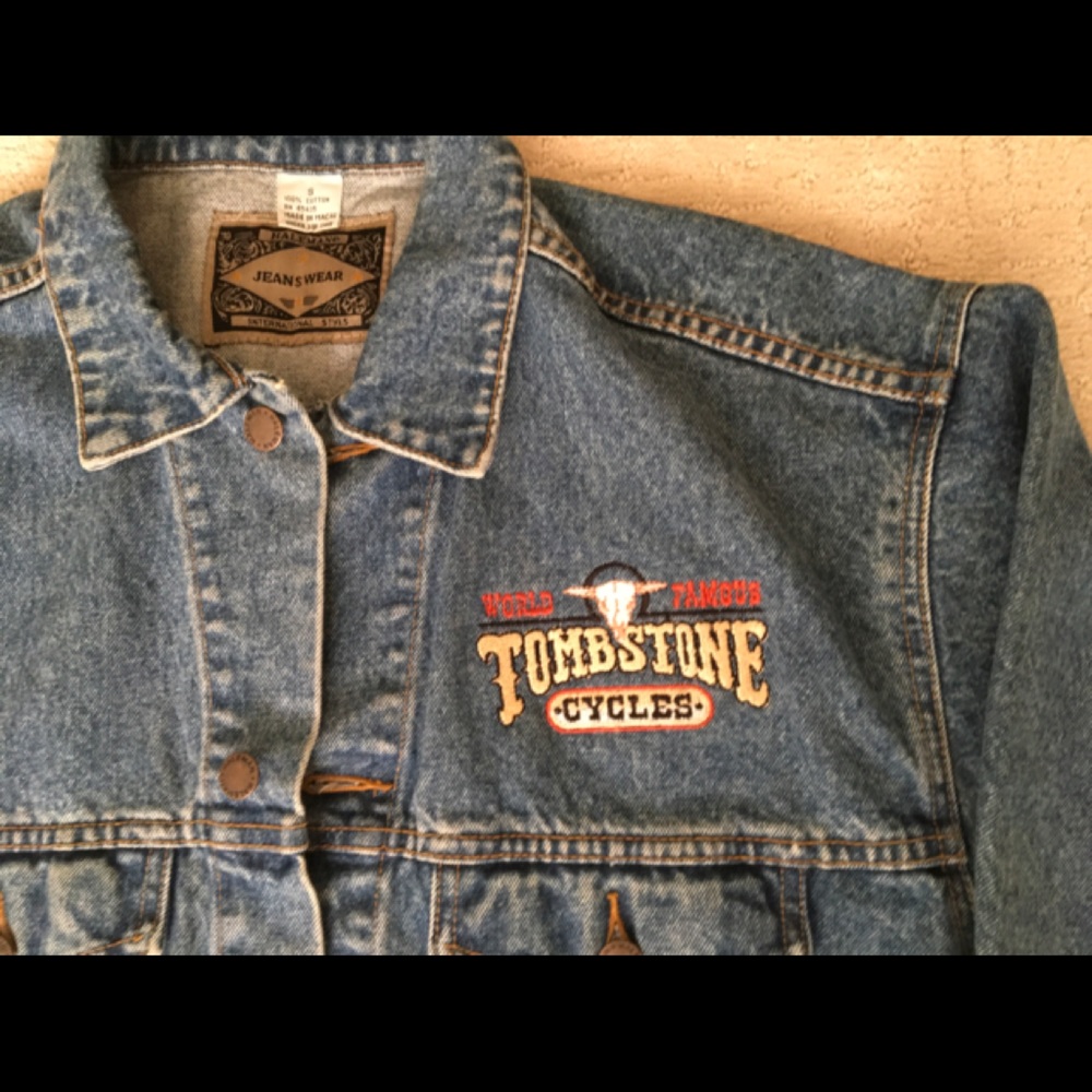 Jean jacket , embroidered back, new.